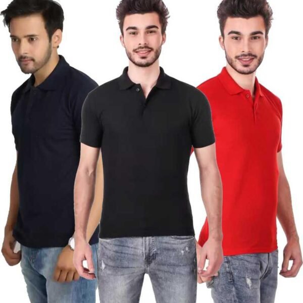 One-H Men's Polo Neck Short Sleeve Casual Tshirt Combo of Dark Blue, Red, Black colors (Pack of 3)