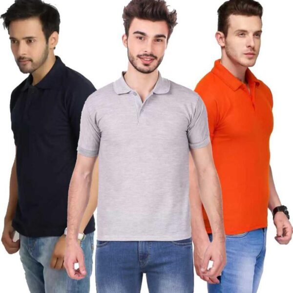One-H Men's Polo Neck Short Sleeve Casual Tshirt Combo of Dark Blue, Orange, Grey colors (Pack of 3)